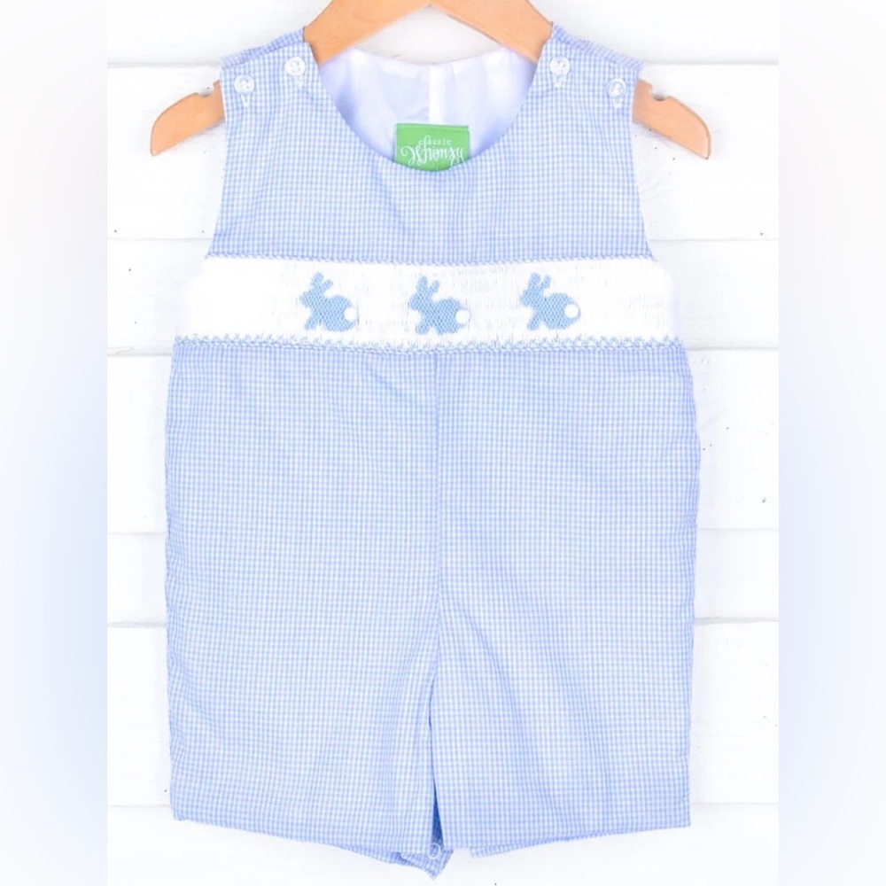 🐇 Classic Whimsy Enchanted Bunny Blue Gingham Smocked Jon Jon